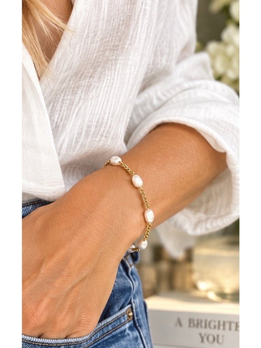 Atolea Gold Tone Freshwater Pearl Mini Station Chain Bracelet Adjustable Length
